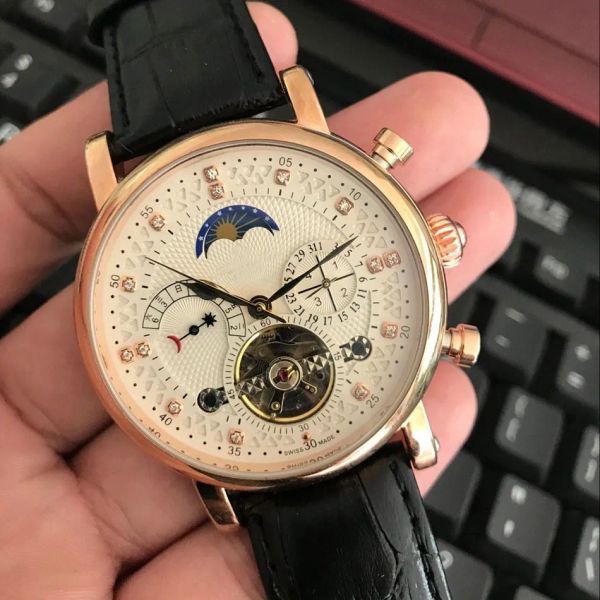 2023 Crime Premium Herren-Sport-Armbanduhr, Luxusuhr der Schweizer Marke, Automatikwerk, Automatikuhren, MoonPhase-Uhr aus echtem Leder, Tourbillon