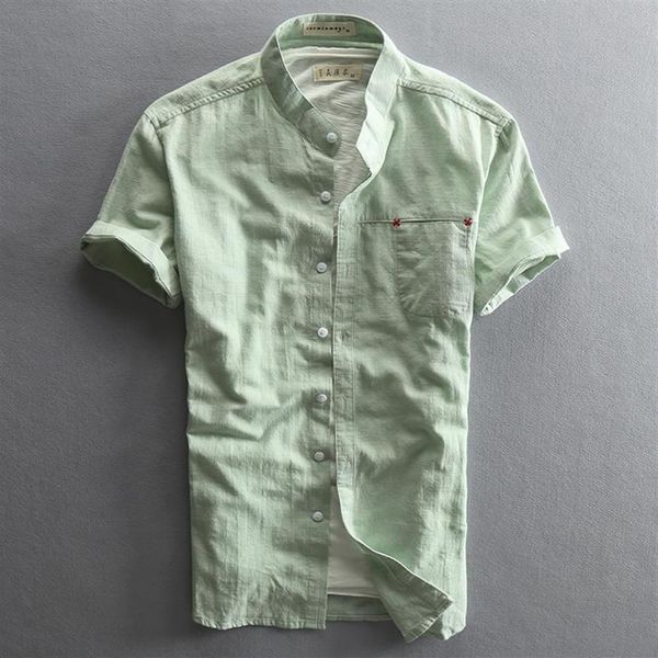 Приталенная льняная хлопковая рубашка с воротником-стойкой с коротким рукавом, мужская белая, зеленая, темно-синяя мужская повседневная летняя рубашка с карманом245W