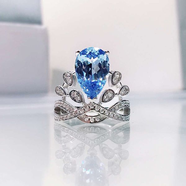 Mu jing jóias 2023 novo anel de coroa 8*12 mar azul tesouro zircão anel feminino simples e elegante estilo moda