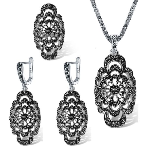Conjuntos de jóias de casamento oco out flor preta colar brincos anel tamanho 7-9 de alta qualidade vintage planta conjuntos de jóias para mulheres atacado bijoux 230818