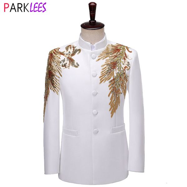 Herrenanzüge Blazer Glänzendes Gold Pailletten Patchwork Anzugjacke Männer Marke Stehkragen Einreiher Blazer Hochzeit Party Bühne Host Kostüm Homme 230919