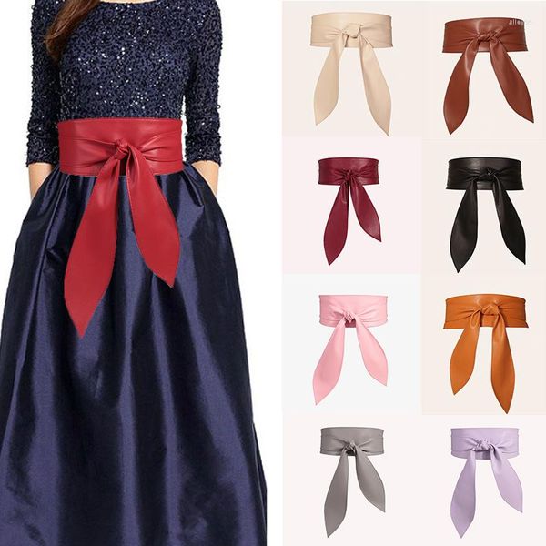 Cintos longo preto macio autêntico couro versátil temperamento elegante bowknot cummerbund vestido mulheres