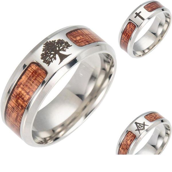 Кольцо-кольцо Древо жизни Масонский крест Дерево для мужчин и женщин Нержавеющая сталь никогда не выцветает деревянное кольцо на палец Модные украшения в Bk Drop Deli Dh4Qt