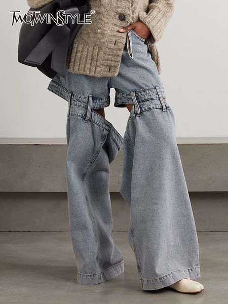 Macacões femininos macacão twotwinstyle chique emendado zíper jeans para mulheres cintura alta retalhos bolsos cortados casual jean feminino moda roupas 2023 230919