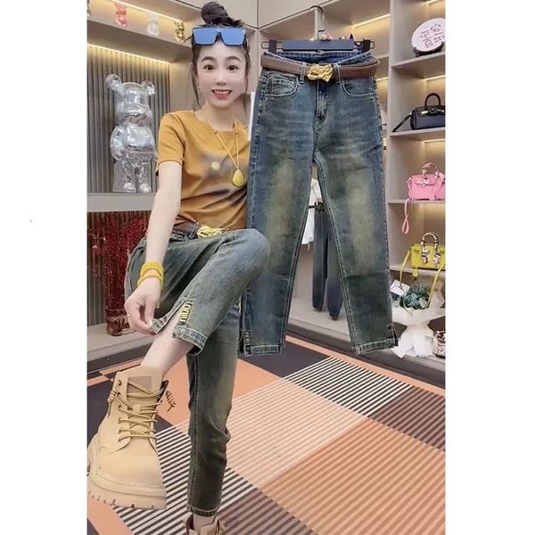 Jeans femininos y2k letras metálicas embelezadas skinny jean's 2023 cintura alta estiramento feito velho pequeno calças retas 230918