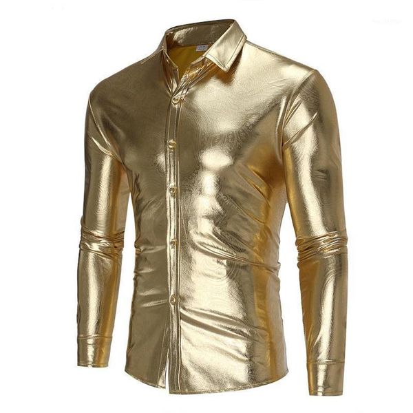 Homens Casuais Camisas Mens Brilhante Ouro Revestido Camisa Metálica Marca Manga Longa Slim Fit Nightclub Wear Vestido Homens DJ Prom Stage S2450