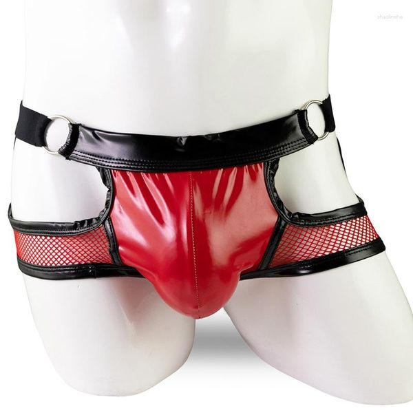 Трусы мужские сексуальные сетчатые кожаные короткие штаны для секса латексное нижнее белье полые лакированные черные, красные фетиш-боксеры Sexi
