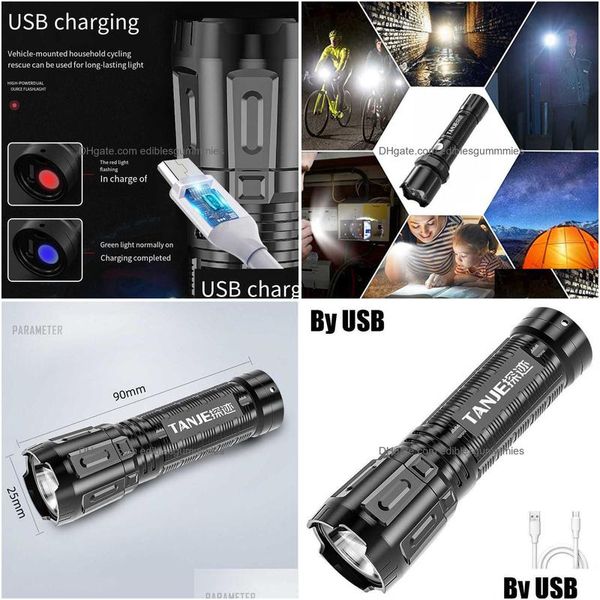 Diğer Ev Bahçesi Tra Bright Mini LED El Feneri USB Şarj Edilebilir Pil Güç Bankası Fonksiyon Meşalesi Fener Açık Kam Yürüyüşü Fla Dhod3