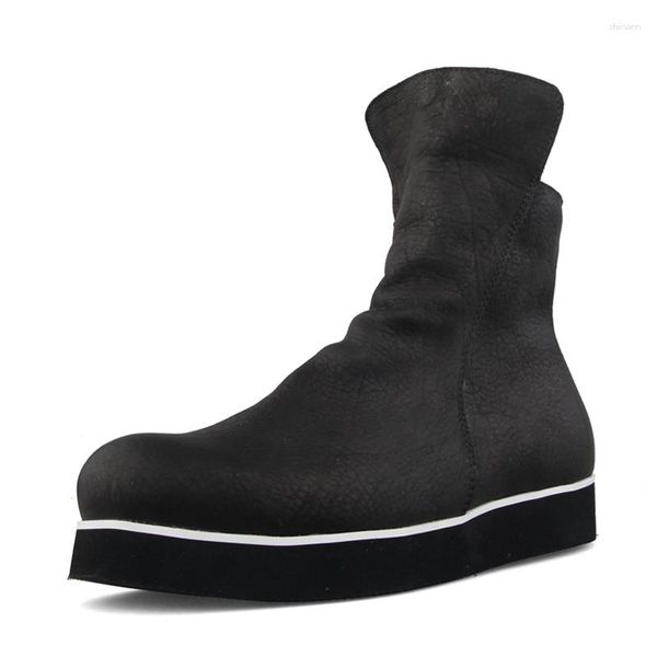 Botas Inglaterra Estilo Inverno Neve Genuíno Couro Tornozelo de Alta Qualidade Redondo Toe Zip Homens Negros