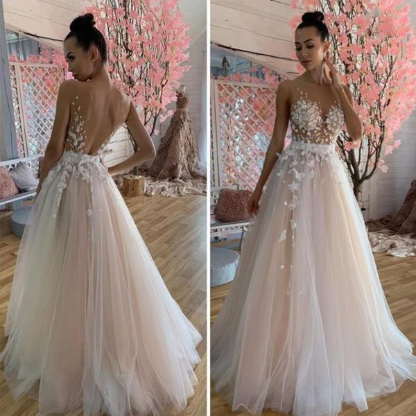 ZJ6022 Abito da sposa con applicazioni di pizzo in tulle illusione sexy 2023 Rosa A line Sweetheart con spalle scoperte Abito da sposa senza schienale