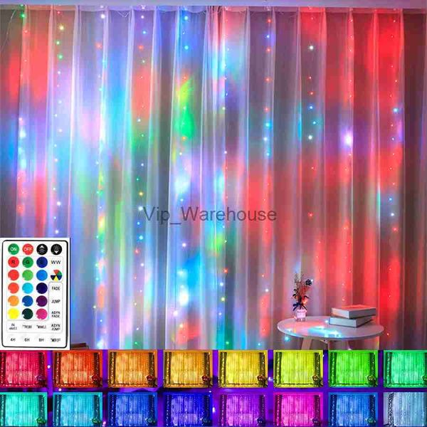 LED Strings Party 16 Color Changing Rainbow RGB Cortina Luzes de Fadas Pano de Fundo Janela String Light 300LED USB Remoto Fada Icicle Luzes HKD230919