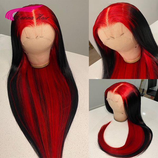 Perucas sintéticas ombre vermelho colorido 13x4 frente do laço perucas de cabelo humano em linha reta vermelho destaque brasileiro remy laço frontal perucas para mulheres pré-arrancados 230919