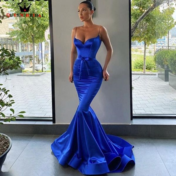 Vestidos de festa azul real baile de formatura cintas de espaguete seda cetim arco cinto sereia abendkleider zíper voltar vestidos de fiesta noche lp16