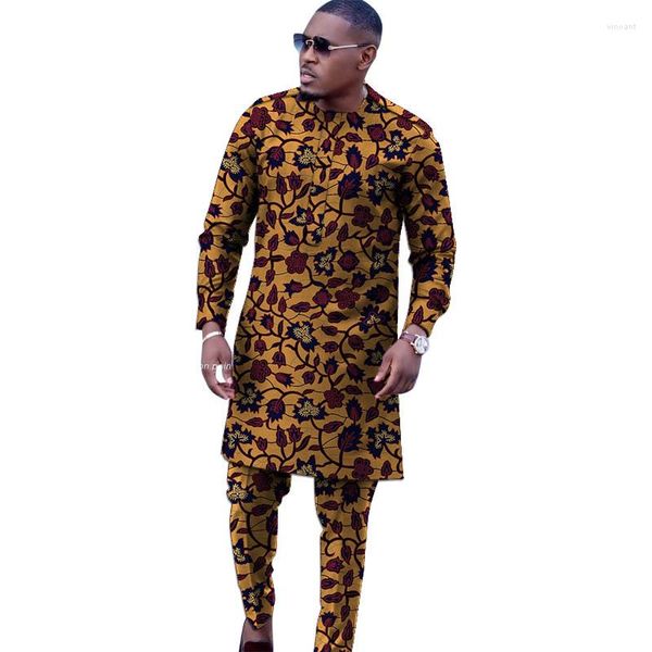 Fatos masculinos Africano Imprimir Estilo Simples Noivo Terno Masculino Moda Nigeriana Mangas Completas Calça Define Roupas de Festa de Casamento