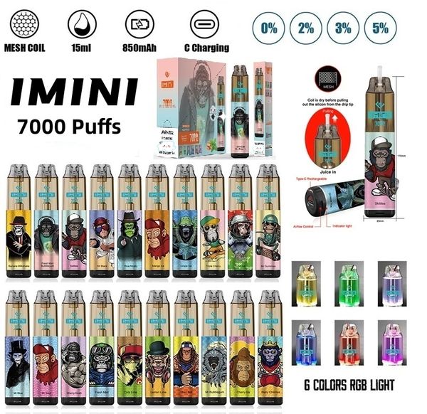 Imini 7000 9000 Puflar Tek Kullanımlık E Sigara RGB 15ml 850mAh Şarj edilebilir Tek Kullanımlık Vape Kalem Cihazı Ayarlanabilir Hava Akışı Buhar 0% 2% 3% 5% 5 Fabrika beslemesinden% 5% 5% 5% 5