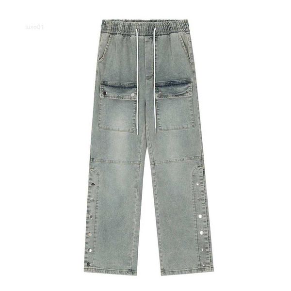 Nova alta rua jeans designer de moda marca lavada e desgastada cintura elástica cordão fivela lateral design perna reta jeans