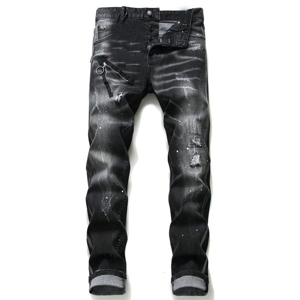 Уникальные мужские потертые значки Черные джинсы скинни Модельер Slim Fit Мотоциклетные джинсовые брюки со вставками Хип-хоп Байкер Trou282R