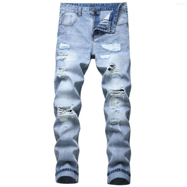 Jeans masculinos denim maré marca azul americano retro bordado tendência regular ajuste buraco arruinado lápis calças plus size