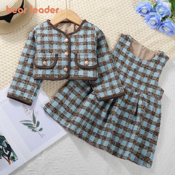 Conjuntos de ropa Bear Leader Conjunto de vestido para niña Primavera / Otoño Vestido sin mangas a cuadros con cuello redondo para niña Abrigo con bolsillo con botones Conjunto de dos piezas 230918