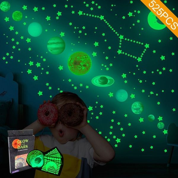 Adesivi murali 525 pezzi Confezione luminosa di nove pianeti Adesivo per bambini Camera da letto Soggiorno Glow In The Dark Decorazioni per la casa fai da te per feste 230919