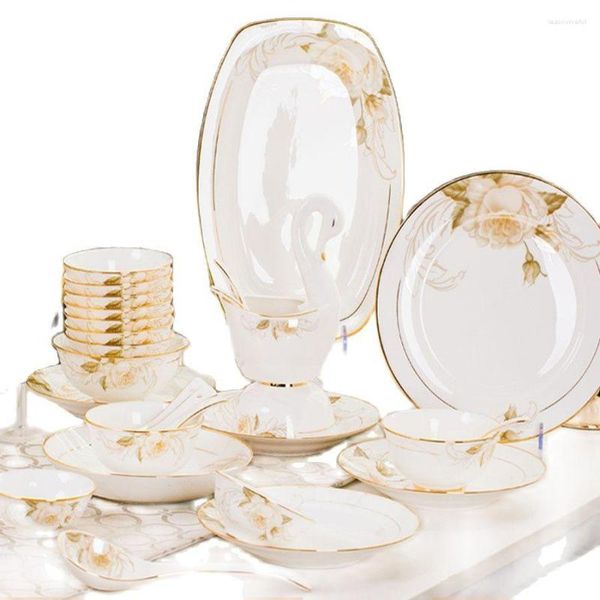 Piatti 60 Teste Ceramica Jingdezhen Piatti Cinesi Set Da Tavola Ciotola di Riso Zuppa Insalata Tagliatelle Piatto Set di Stoviglie