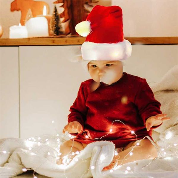 Плюшевая светящаяся рождественская шапка Санта-Клауса для детей и взрослых, мягкие удобные меховые рождественские шапки, праздничные атрибуты для вечеринок 230920