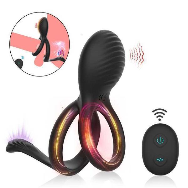Brinquedo sexual massageador vibratório anel peniano duplo com 7 anéis penianos elásticos de vibração para homens e casais jogam próstata
