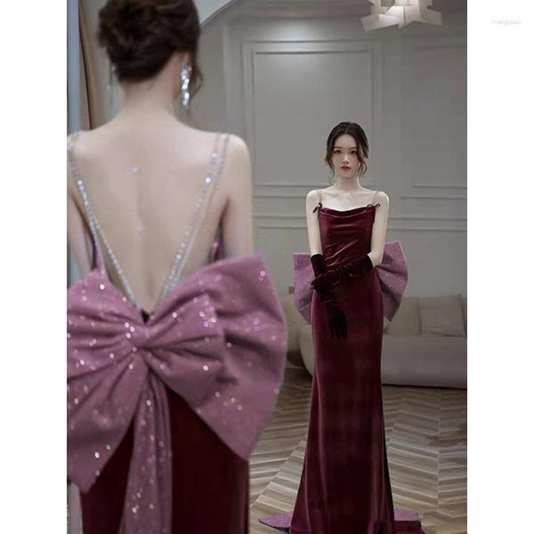 Roupas étnicas Borgonha Velour Vestido de Noite Mulheres Trailing Vestidos de Festa Elegante Princesa Estilo Qipao Strapless Celebridade Banquete Vestido