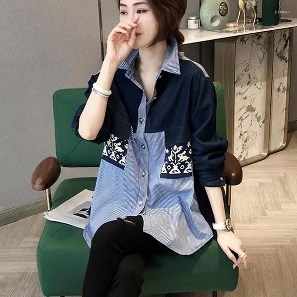 Blusas femininas primavera outono streetwear denim retalhos moda casual camisa senhora manga longa topo solto all-match botões blusa feminina