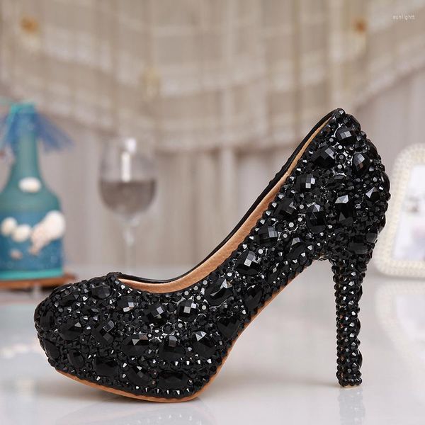 Sapatos de vestido preto strass cristal nupcial mulheres festa de noite bombas de casamento plataforma bling baile