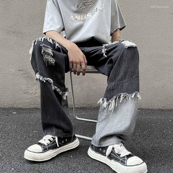 Jeans masculinos estilo americano franjas denim calça maré pequeno grupo costura harajuku vento solto rebarba alta rua casual y2k calças homens