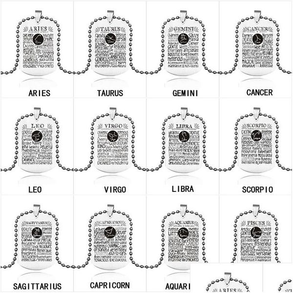 Collane con ciondolo in acciaio inossidabile 12 collana di lettere dello zodiaco per donne uomini segno della costellazione titanio targhetta per cani perline catene moda ebreo Dhrf4