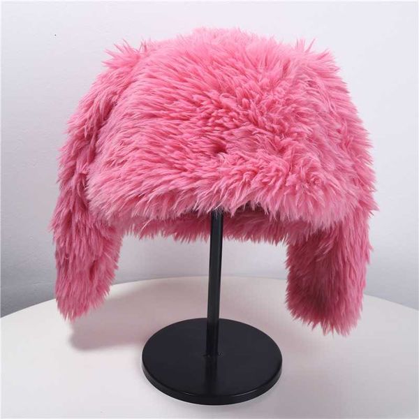Новые шапочки с кроличьими ушками, корейские Ins Niche, милый розово-красный плюшевый пуловер, зимняя теплая шапка с забавными фотографиями, женские шапки 230920