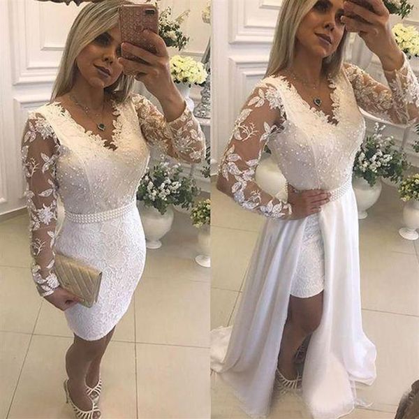 Vestidos de noite de renda branca com trem destacável apliques pérolas ilusão mangas compridas festa formal vestidos de baile na altura do joelho curto 299p