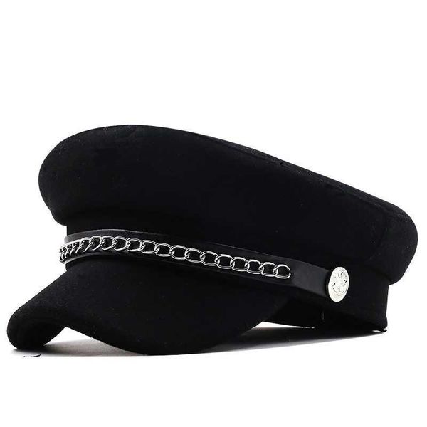 Autunno inverno catena berretti militari neri per le donne berretto militare piatto femminile cappello salior ragazza viaggio signore pittori 230920