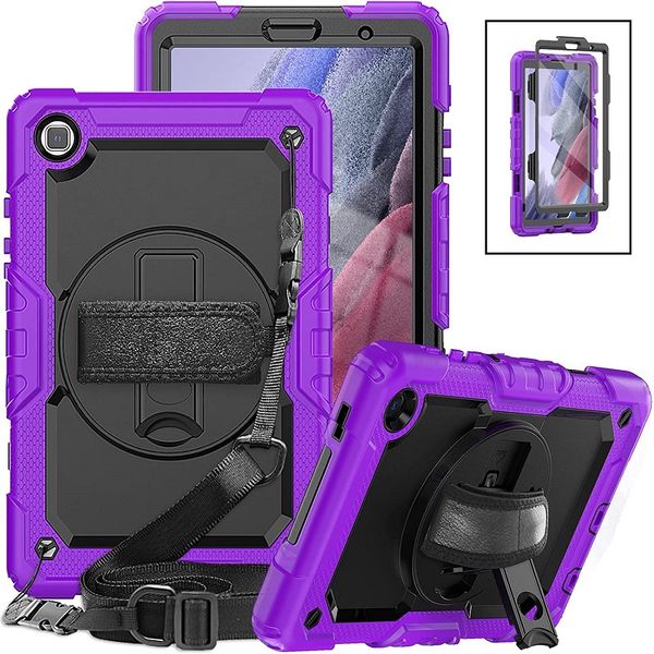 Capa para tablet com alça de mão resistente para Samsung Galaxy Tab A 8,0 10,1 polegadas A7 Lite 8,7 A8 10,5 polegadas 360 Kickstand giratório infantil capa à prova de choque + filme PET + alça de ombro