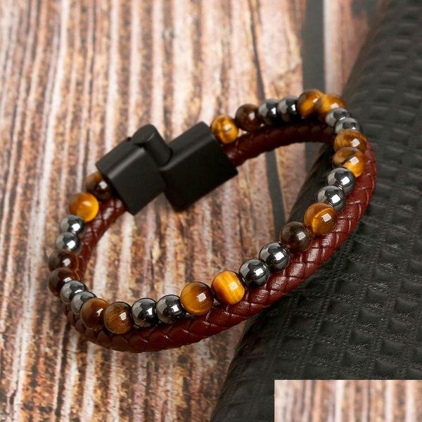 Catena da uomo in pelle avvolgente braccialetto Mitlayer occhio di tigre lave pietra naturale braccialetti con perline gioielli di moda regalo consegna di goccia Dh5E8