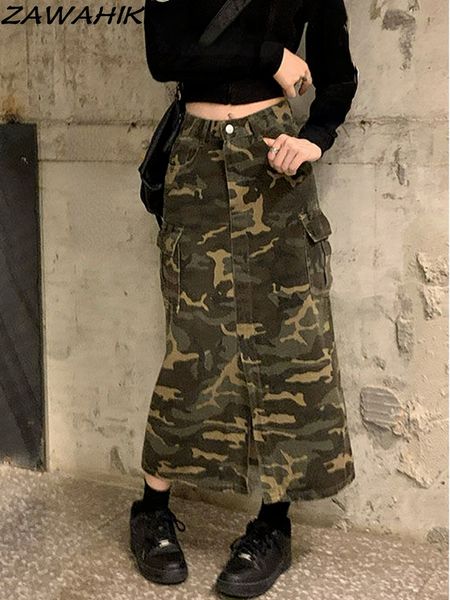 Abito a due pezzi Stampa mimetica vintage Bottoni Y2K Streetwear Vita alta con spacco Gonna lunga Abiti Moda sexy Midi 230919