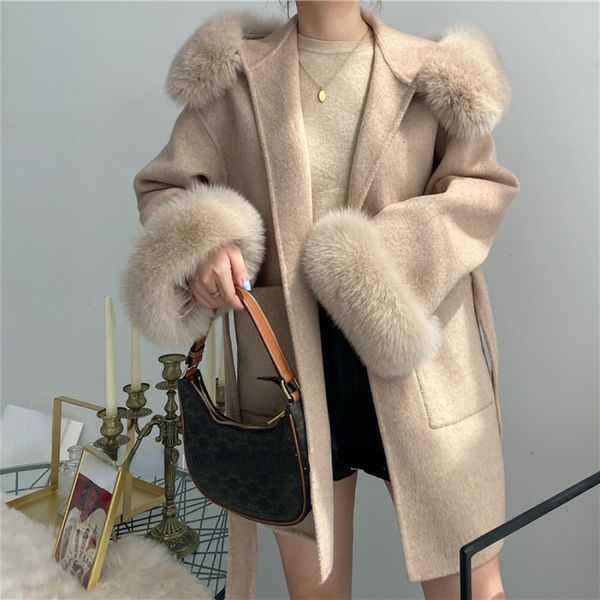 Pelliccia da donna finta nuova capispalla oversize da donna 2023 vero cappotto invernale giacca da donna colletto naturale polsini cappuccio cashmere lana lana 230918