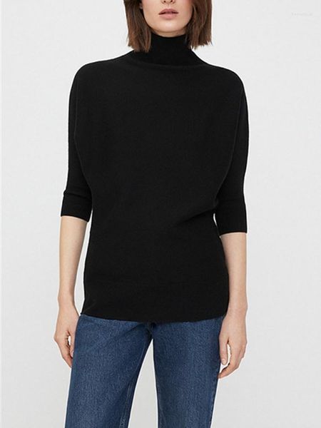 Suéter feminino feminino gola alta slim fit suéter de malha senhora três quartos manga pulôver tops malhas para outono inverno