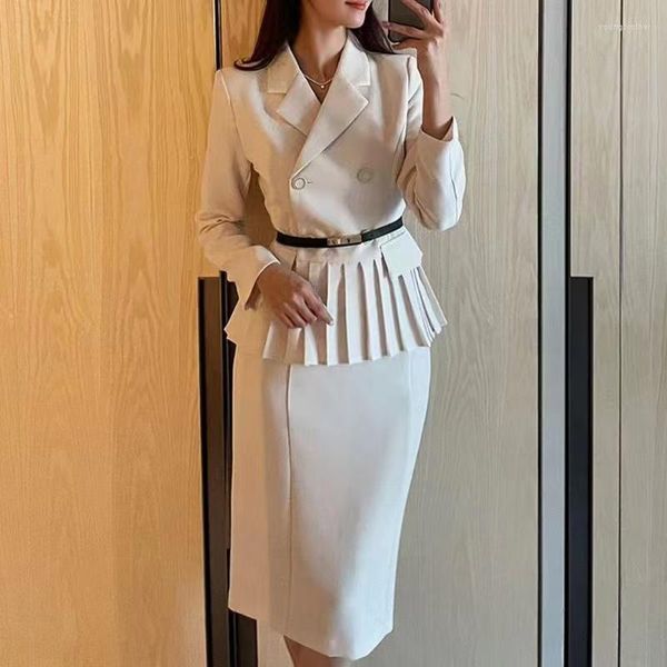 Vestidos de trabalho outono primavera escritório senhoras duas peças conjunto feminino entalhado duplo breasted branco babados cinto blazer tops split lápis saia terno