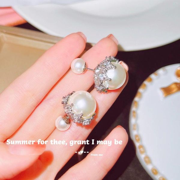 Orecchini a bottone di lusso S925 argento ago moda coreana perla donna pizzo orecchino scavato temperamento accessori per orecchie fini