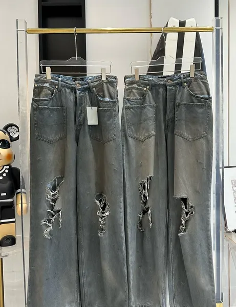 Jeans de grife masculino jeans ba lenciaga verão desgastado desgastado jeans solto high street primavera e verão calças compridas