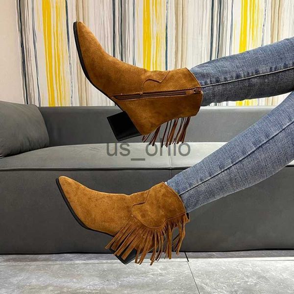 Botas Chelsea Botas Ankle Fringe Chunky Heels Western Cowboy Estilo Sapatos Curtos Mulher Elegante Salto Punk Plus Size Roupas Femininas J230919