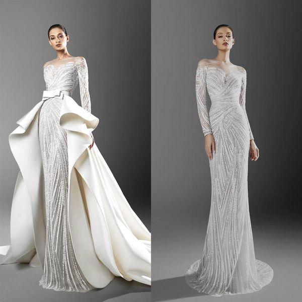 2021 Zuhair Murad Meerjungfrau Brautkleider mit abnehmbarer Schleppe, transparenter Ausschnitt, lange Ärmel, Applikationen, Brautkleider, Übergröße, Hochzeit, Dr241p