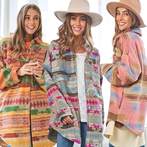 Jaqueta feminina mistura de lã 2023 outono e inverno casaco de lã asteca ocidental manga comprida jaqueta espessada solta casual mulheres cardigan 230918