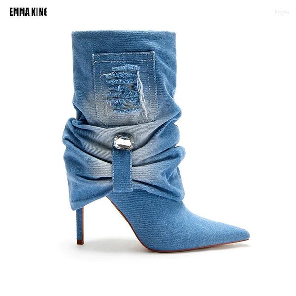 Botas 2023 outono moda mulheres azul cowboy senhora retro meados de bezerro sapatos sólido antiderrapante fino salto alto bolso curto 44