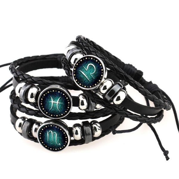 Charm Armbänder Mode Twee Horoskop Geflochtenes Seil Lederarmband Vintage Schwarz Perlen 12 Sternzeichen Für Frauen Männer DIY Punk Schmuck Dro Dhepo