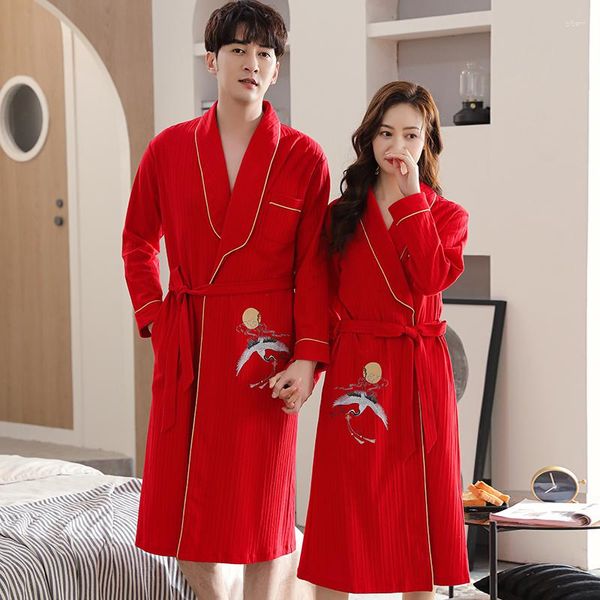 Mulheres sleepwear 4xl outono roupão casais algodão quimono casamento festivo vermelho vestes para masculino solo longo banho robe vestido de noiva