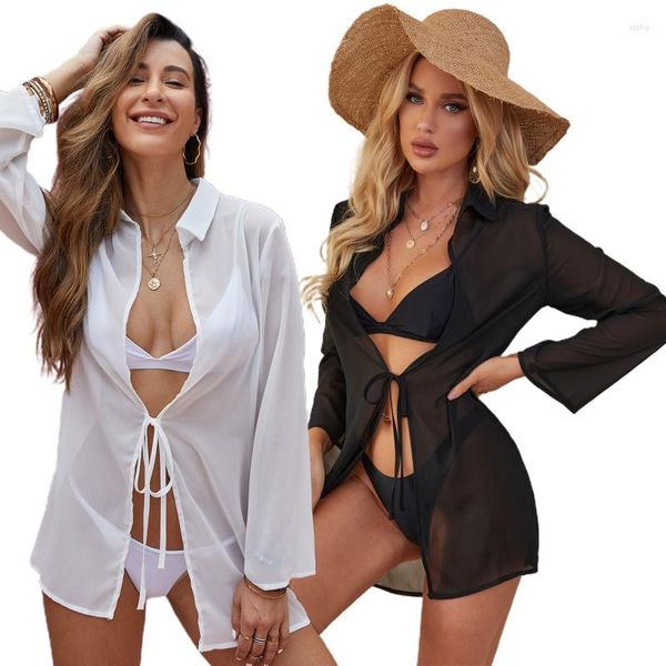 Mulheres Swimwear Mulheres Kimono Cardigan Sexy See-Through Lapela Aberta Frente Manga Longa Cobertura Lace-Up Sheer Blusa